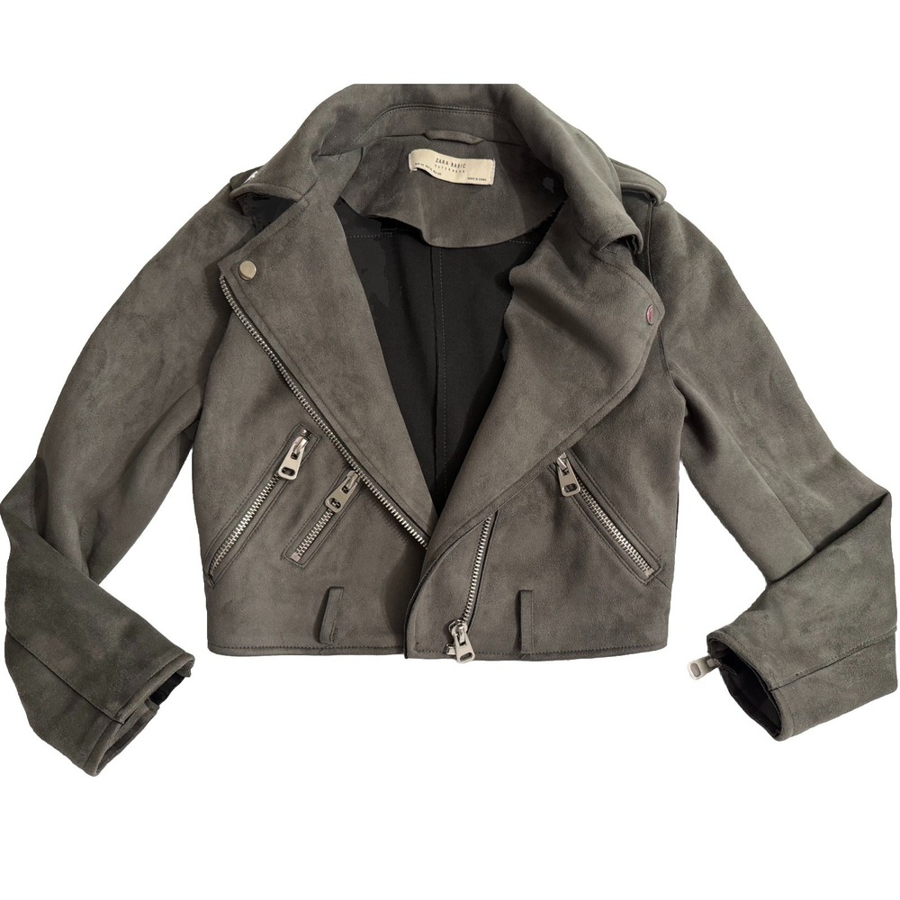 Zara Women's Faux Suede Moto Jacket Gray Asymmetrical Zippers Hardware Size XS